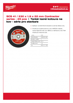 MILWAUKEE Thin metal cutting discs - contractor series SCS 41 / 230 Série pro stavbaře 4932451480 A4 PDF
