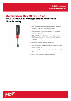 MILWAUKEE Hollowcore Nut Drivers Šroubovák Hex 13 mm 48222537 A4 PDF