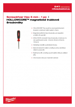 MILWAUKEE Hollowcore Nut Drivers Šroubovák Hex 5mm 48222531 A4 PDF