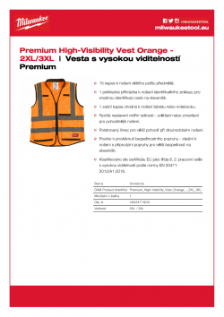 MILWAUKEE Premium High-Visibility Vest Výstražná vesta s vysokou viditelností Premium oranžová - 2XL/3XL 4932471900 A4 PDF