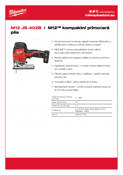 MILWAUKEE M12 JS M12™ kompaktní přímočará pila 4933441703 A4 PDF