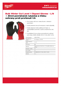 MILWAUKEE Winter Level 1 Gloves Zimní povrstvené rukavice s třídou ochrany proti proříznutí 1/A - velké balení L/9 4932479001 A4 PDF