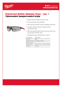 MILWAUKEE Enhanced Safety Glasses Tónované ochranné brýle - odolné proti poškrábání a zamlžování šedé 4932478907 A4 PDF