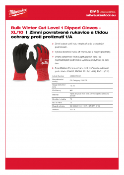 MILWAUKEE Winter Level 1 Gloves Zimní povrstvené rukavice s třídou ochrany proti proříznutí 1/A - velké balení XL/10 4932479002 A4 PDF