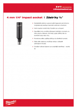 MILWAUKEE ¼" impact sockets - deep Průmyslová hlavice 4 mm ¼″ - prodloužená 4932472283 A4 PDF