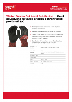 MILWAUKEE Winter Level 3 Gloves Zimní povrstvené rukavice s třídou ochrany proti proříznutí 3/C - L/ 9 - 1ks 4932471348 A4 PDF
