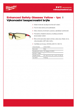 MILWAUKEE Enhanced Safety Glasses Tónované ochranné brýle - odolné proti poškrábání a zamlžování žluté 4932478927 A4 PDF