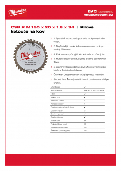 MILWAUKEE Circular saw blades for metal CSB P M 150 × 20 × 1,6 × 34 4932479554 A4 PDF
