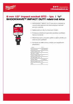 MILWAUKEE 1/2" impact sockets - std II 8 mm 1/2" průmyslová hlavice STD 4932480302 A4 PDF