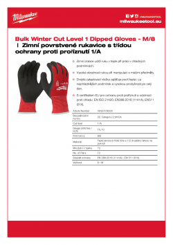 MILWAUKEE Winter Level 1 Gloves Zimní povrstvené rukavice s třídou ochrany proti proříznutí 1/A - velké balení M/8 4932479000 A4 PDF