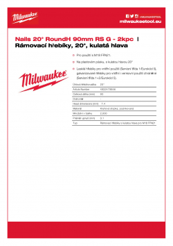MILWAUKEE 20° Framing Nails Rámovací hřebíky, 20°, kulatá hlava 3.1x90 mm RS G-P2000 4932479956 A4 PDF