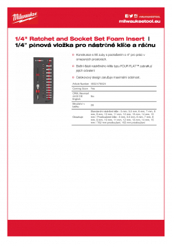 MILWAUKEE 1/4" Ratchet and Socket Set Foam Insert 1/4˝ pěnová vložka pro nástrčné klíče a ráčnu 4932479824 A4 PDF