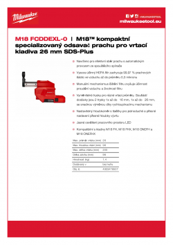 MILWAUKEE M18 FCDDEXL M18™ kompaktní specializovaný odsavač prachu pro vrtací kladiva 26 mm SDS-Plus 4933478507 A4 PDF