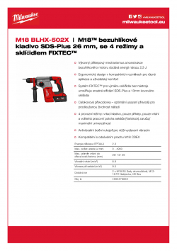 MILWAUKEE M18 BLHX M18™ bezuhlíkové kladivo SDS-Plus 26 mm, se 4 režimy a sklíčidlem FIXTEC™ 4933478892 A4 PDF