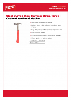 MILWAUKEE Steel Curved Claw Hammer Ocelové zakřivené kladivo 20oz / 570g 4932478656 A4 PDF