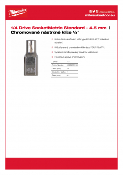 MILWAUKEE 1/4 Drive Sockets Nástrčný klíč ¼″ 4.5 mm 4932479993 A4 PDF