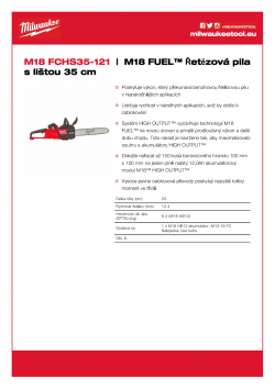 MILWAUKEE M18 FCHS35 M18 FUEL™ Řetězová pila s lištou 35 cm 4933479899 A4 PDF