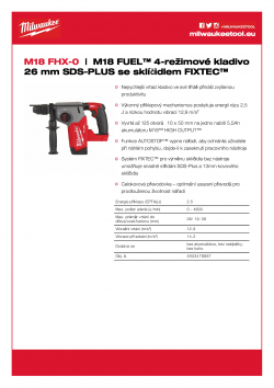 MILWAUKEE M18 FHX M18 FUEL™ 4-režimové kladivo 26 mm SDS-PLUS se sklíčidlem FIXTEC™ 4933478887 A4 PDF