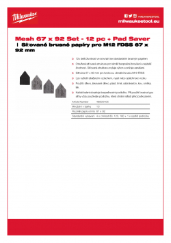 MILWAUKEE Mesh Sheets for M12 FDSS Síťovina 67 x 92 mm - sada 12 ks + bezpečnostní podložka 48805405 A4 PDF