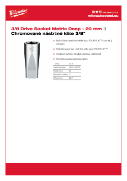 MILWAUKEE Nástrčný klíč ⅜″ metrický 20 mm prodloužený 4932480001 A4 PDF