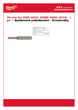 MILWAUKEE Magnetický držák bitu ¼″. Délka 76 mm 48323065 A4 PDF