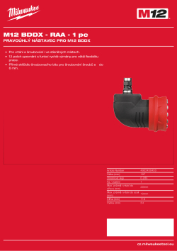 MILWAUKEE Pravoúhlý nástavec pro M12 BDDX. 4932430433 A4 PDF