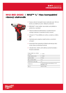 MILWAUKEE M12™ ¼″ Hex kompaktní rázový utahovák 4933441960 A4 PDF
