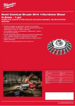 MILWAUKEE Kuželový kartáč M14 115×12 mm, ocelový, splétaný drát 0,5 mm – 1 ks 4932501746 A4 PDF
