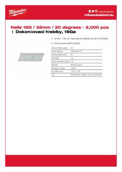 MILWAUKEE Dokončovací hřebíky 16G/32 mm/20° G-P2000 4932459140 A4 PDF