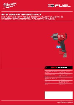 MILWAUKEE M18 FUEL™ ONE-KEY™ TORQUE-SENSE™ ½″ rázový utahovák se středním utahovacím momentem pro solární instalace s pojistným kroužkem 4933493413 A4 PDF