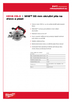 MILWAUKEE HD18 CS M18™ 55 mm okružní pila na dřevo a plast 4933419134 A4 PDF