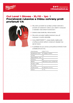 MILWAUKEE Cut Level 1 Gloves Povrstvené rukavice s třídou ochrany proti proříznutí 1 - XL/10 - 1 ks 4932471418 A4 PDF