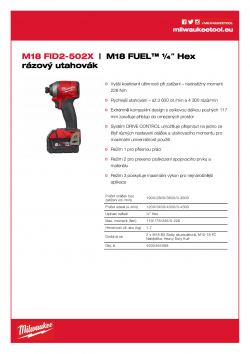 MILWAUKEE M18 FID2 M18 FUEL™¼˝ Hex rázový utahovák 4933464088 A4 PDF