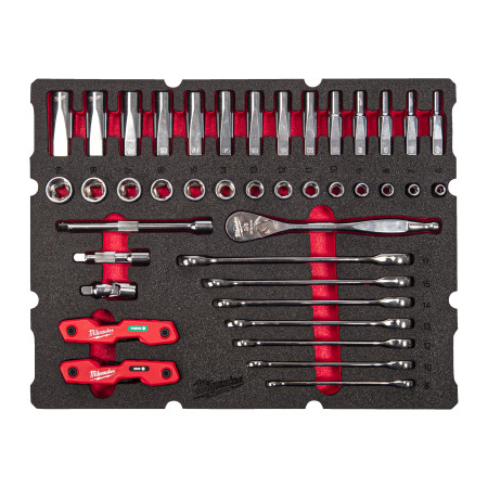 MILWAUKEE PACKOUT pěnová vložka s ráčnou 3/8 a  kombinovanými klíči 55 ks 4932493640