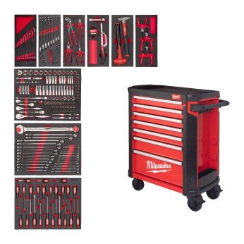 MILWAUKEE Plně vybavená sada nářadí – 206 ks v šedé dílenské ocelové skříni TOOLGUARD™ 30″ / 78 cm, verze EU Standard 4932500744