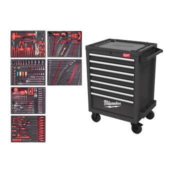 MILWAUKEE Plně vybavená automobilová sada – 337 ks v šedé dílenské ocelové skříni TOOLGUARD™ 27″ / 69 cm 4932500746