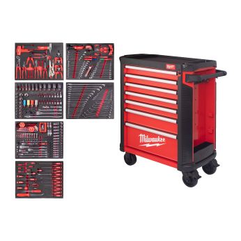 MILWAUKEE Plně vybavená automobilová sada – 337 ks v dílenské ocelové skříni TOOLGUARD 78 cm 4932500753