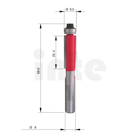 MILWAUKEE Zarovnávací fréza s ložiskem, stopka 8 mm, 9,5/68,2 mm – 1 ks 4932500929