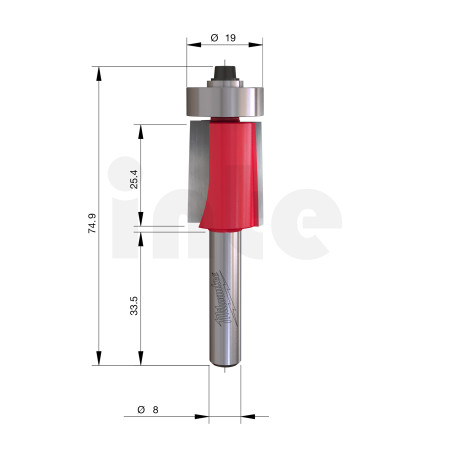 MILWAUKEE Zarovnávací fréza s ložiskem, stopka 8 mm, 19/74,5 mm – 1 ks 4932500931