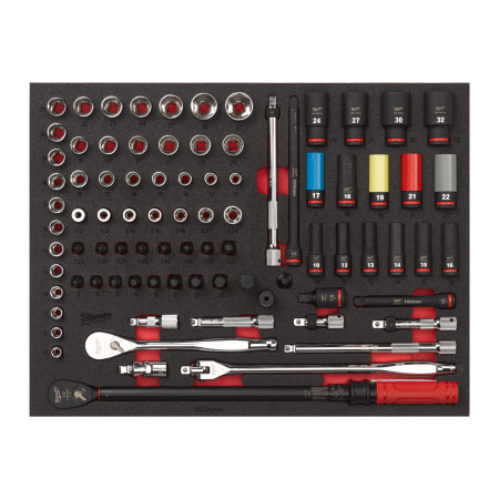 MILWAUKEE Sada 1/2″ ráčny a rázových nástrčných hlavic v pěnové vložce pro vozíky 46″/36″, 85 ks 4932502082