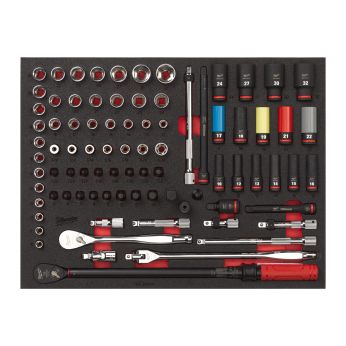 MILWAUKEE Sada 1/2″ ráčny a rázových nástrčných hlavic v pěnové vložce pro vozíky 46″/36″, 85 ks 4932502082